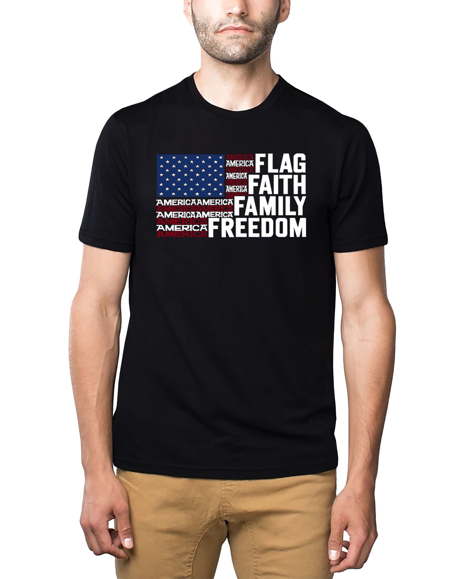 LA Pop Art Men's Flag Faith Family Freedom American Flag Word Art Cotton and Polyester Blend T-Shirt