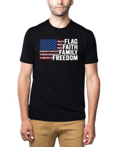 LA Pop Art Men's Flag Faith Family Freedom American Flag Word Art Cotton and Polyester Blend T-Shirt