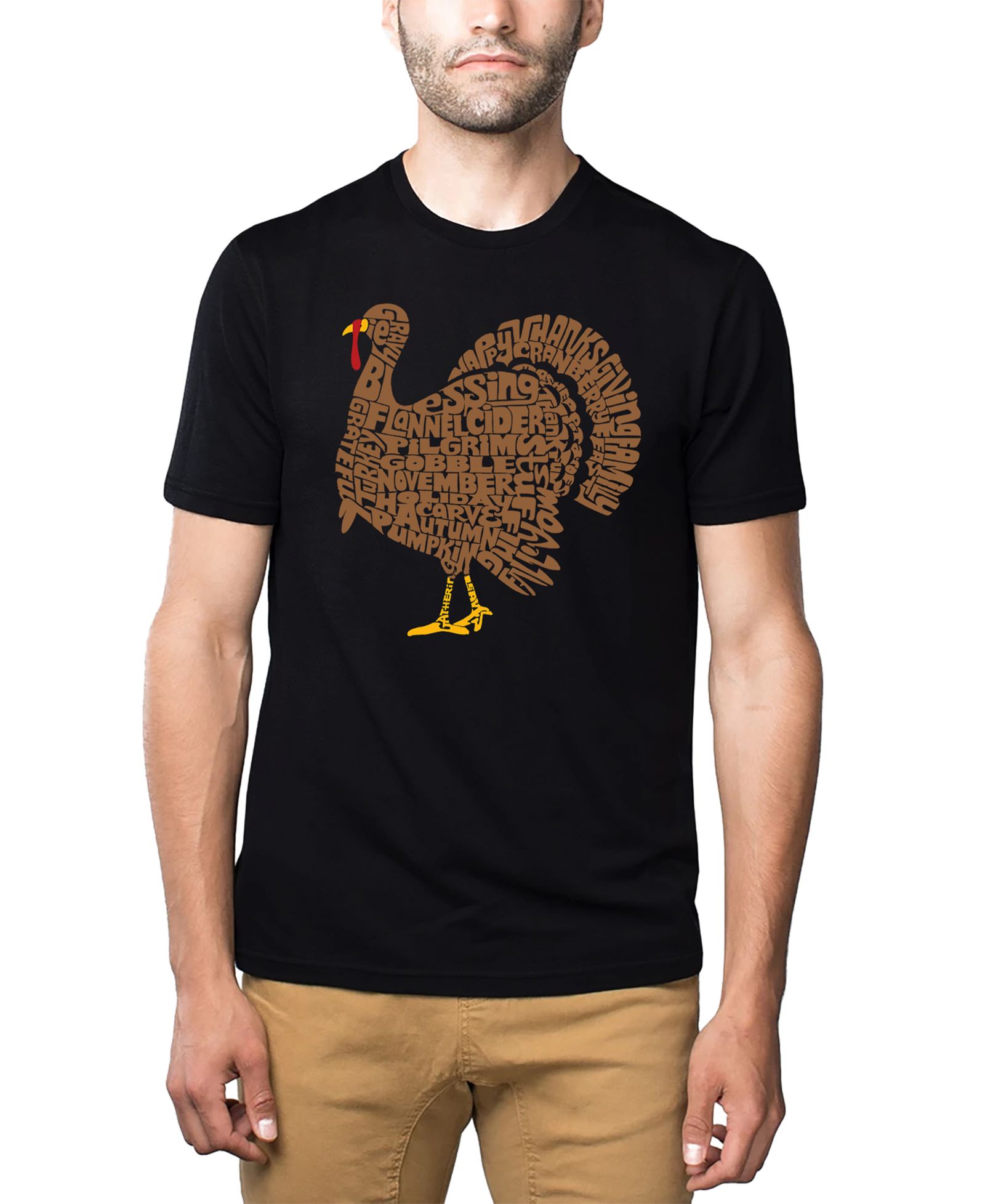 LA Pop Art Men's Thanksgiving Turkey Word Art Cotton and Polyester Blend T-Shirt