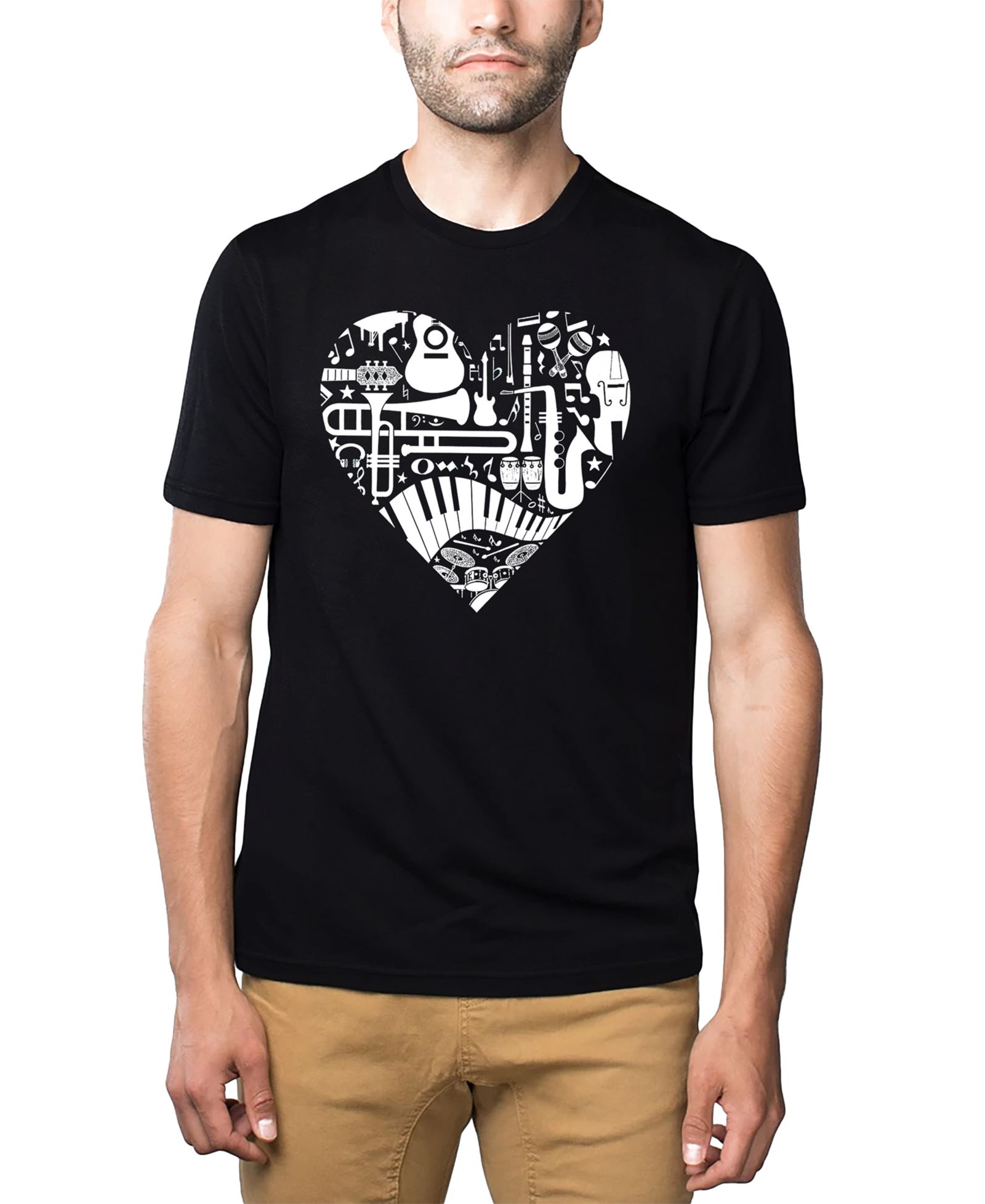 LA Pop Art Men's Music Instruments Heart Word Art Cotton and Polyester Blend T-Shirt