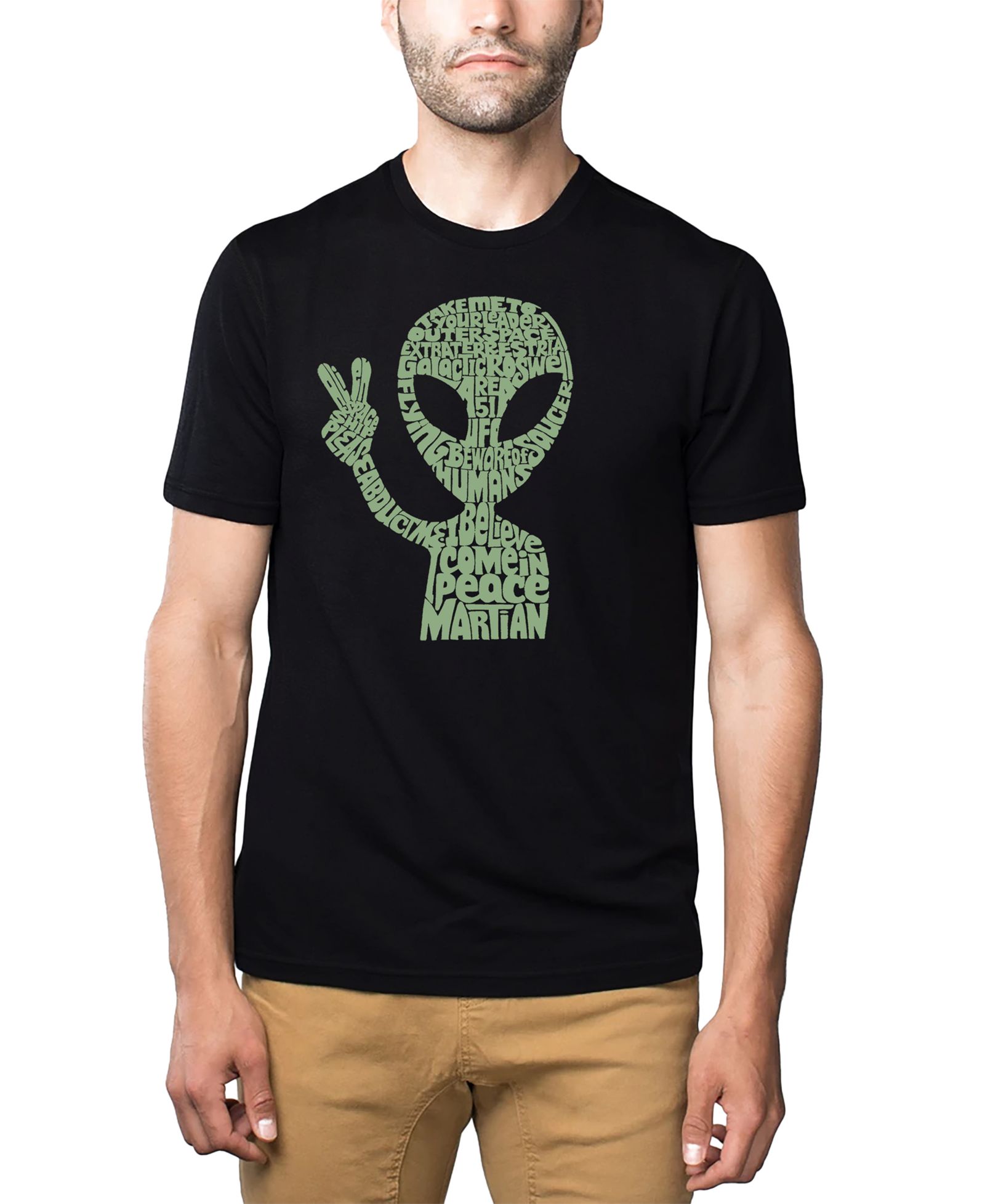 LA Pop Art Men's Alien Extraterrestrial Word Art Cotton and Polyester Blend T-Shirt