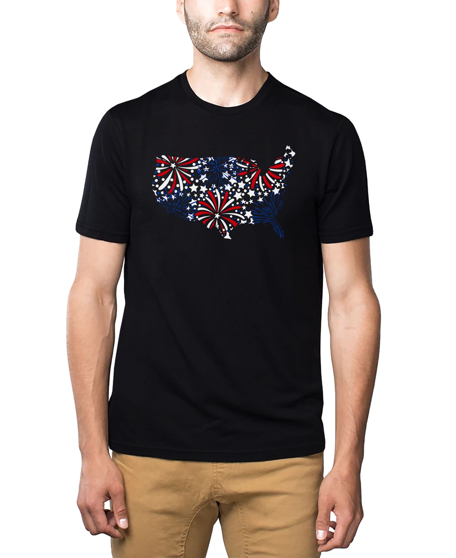 LA Pop Art Men's USA Fireworks and Stars Word Art Cotton and Polyester Blend T-Shirt