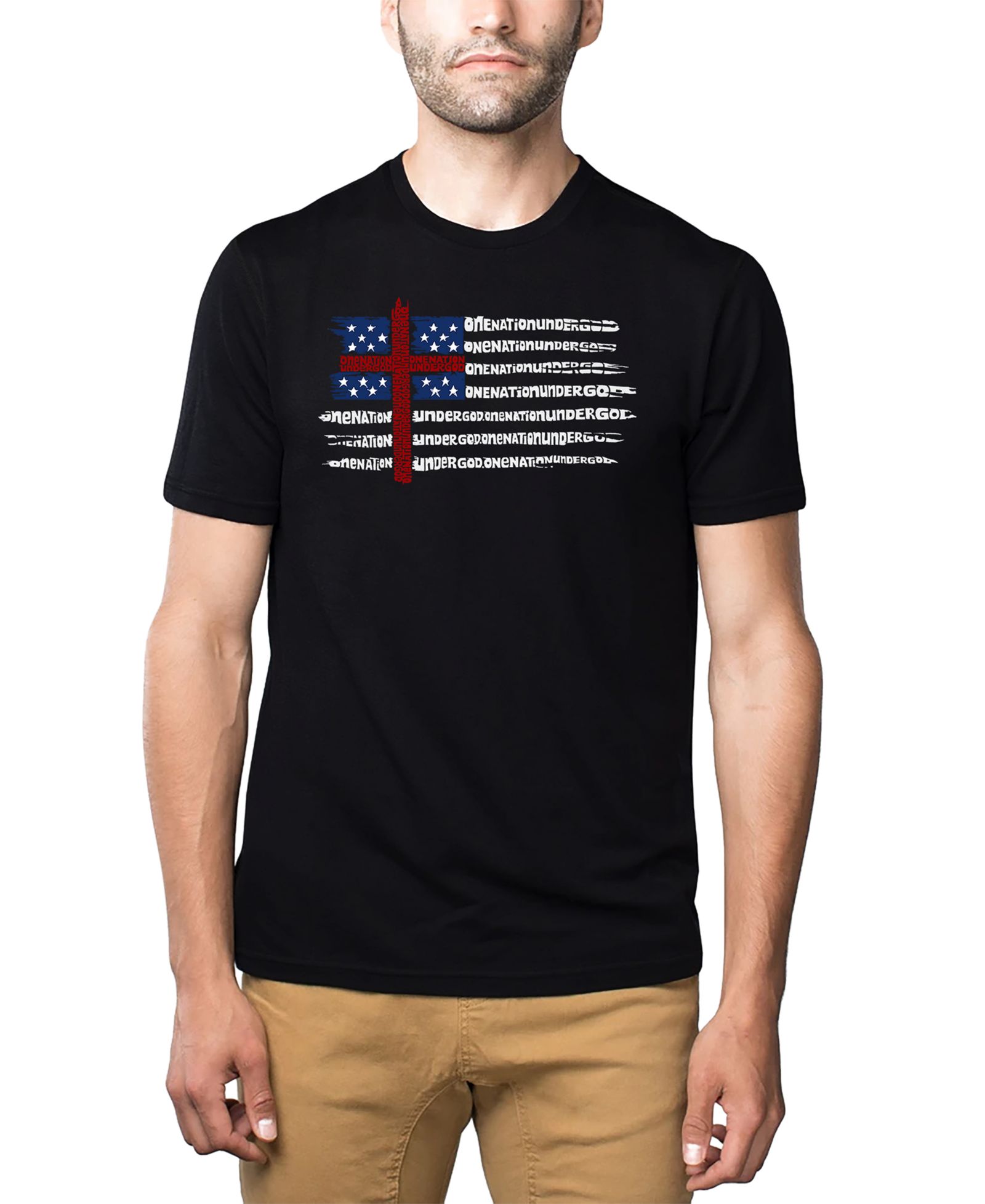 LA Pop Art Men's One Nation Under God American Flag Cross Word Art Cotton and Polyester Blend T-Shirt