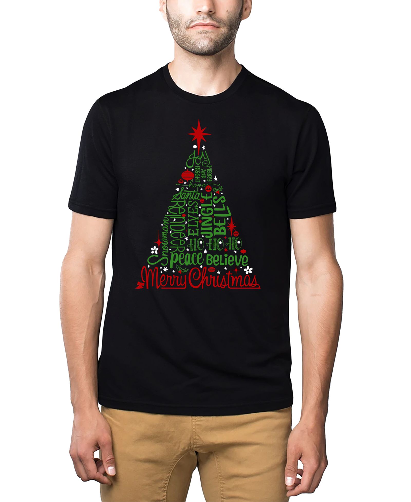 LA Pop Art Men's Holiday Christmas Tree Word Art Cotton and Polyester Blend T-Shirt