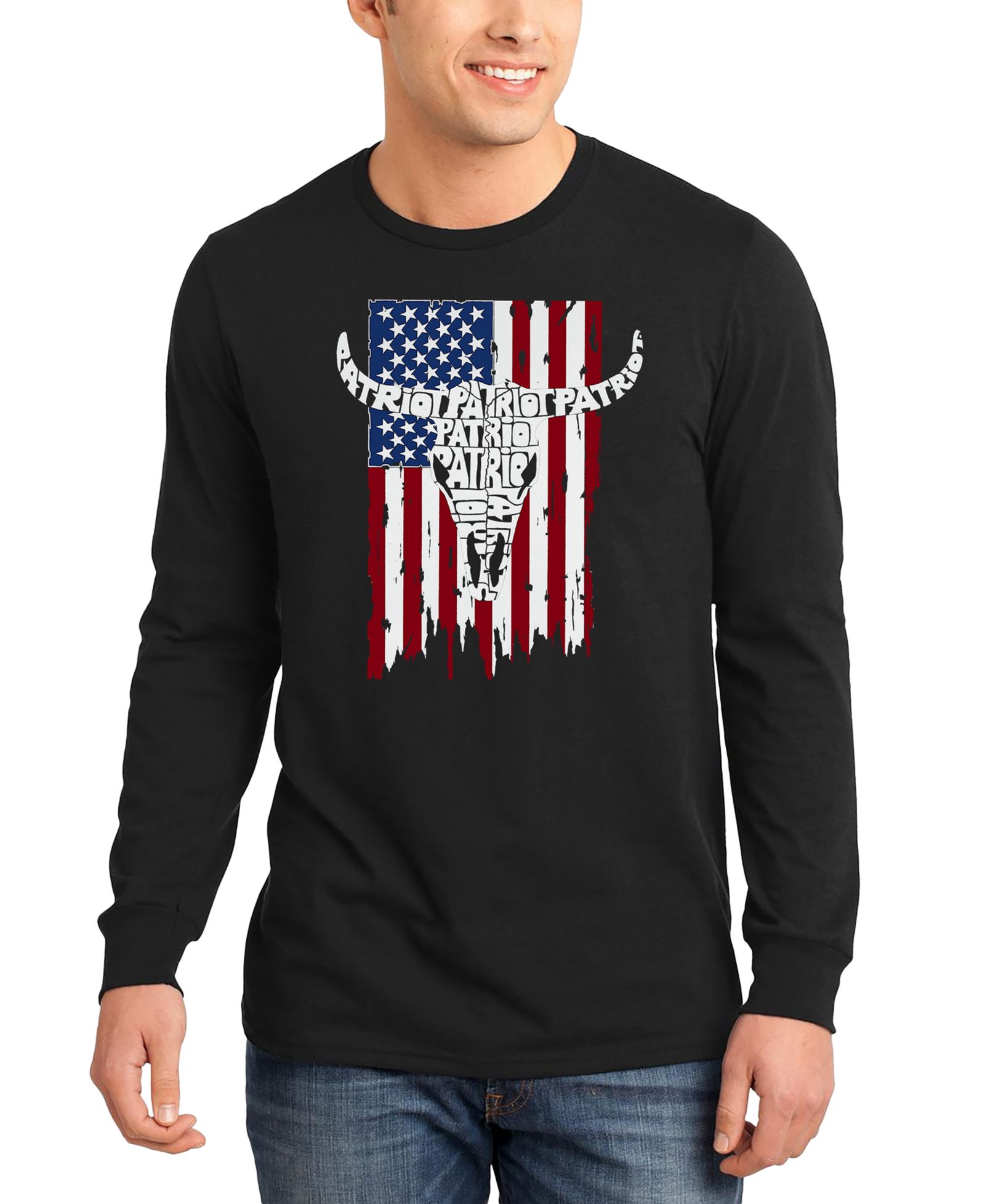 LA Pop Art Men's Patriot Cow Skull Word Art Long-Sleeve T-Shirt