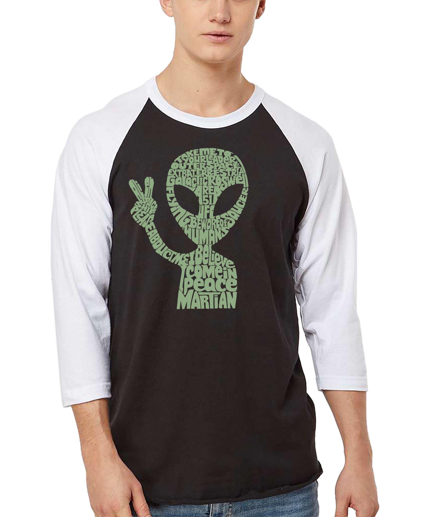 LA Pop Art Men's Alien Extraterrestrial Word Art Raglan-Sleeve T-Shirt