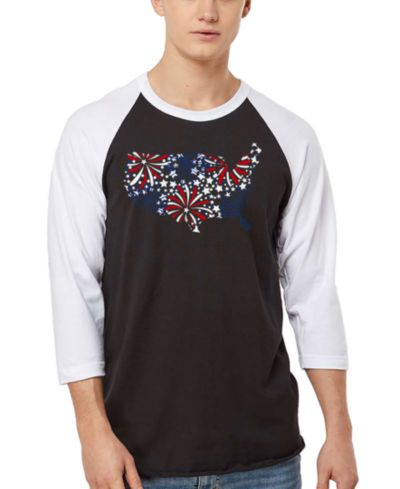 LA Pop Art Men's USA Fireworks and Stars Word Art Raglan-Sleeve T-Shirt