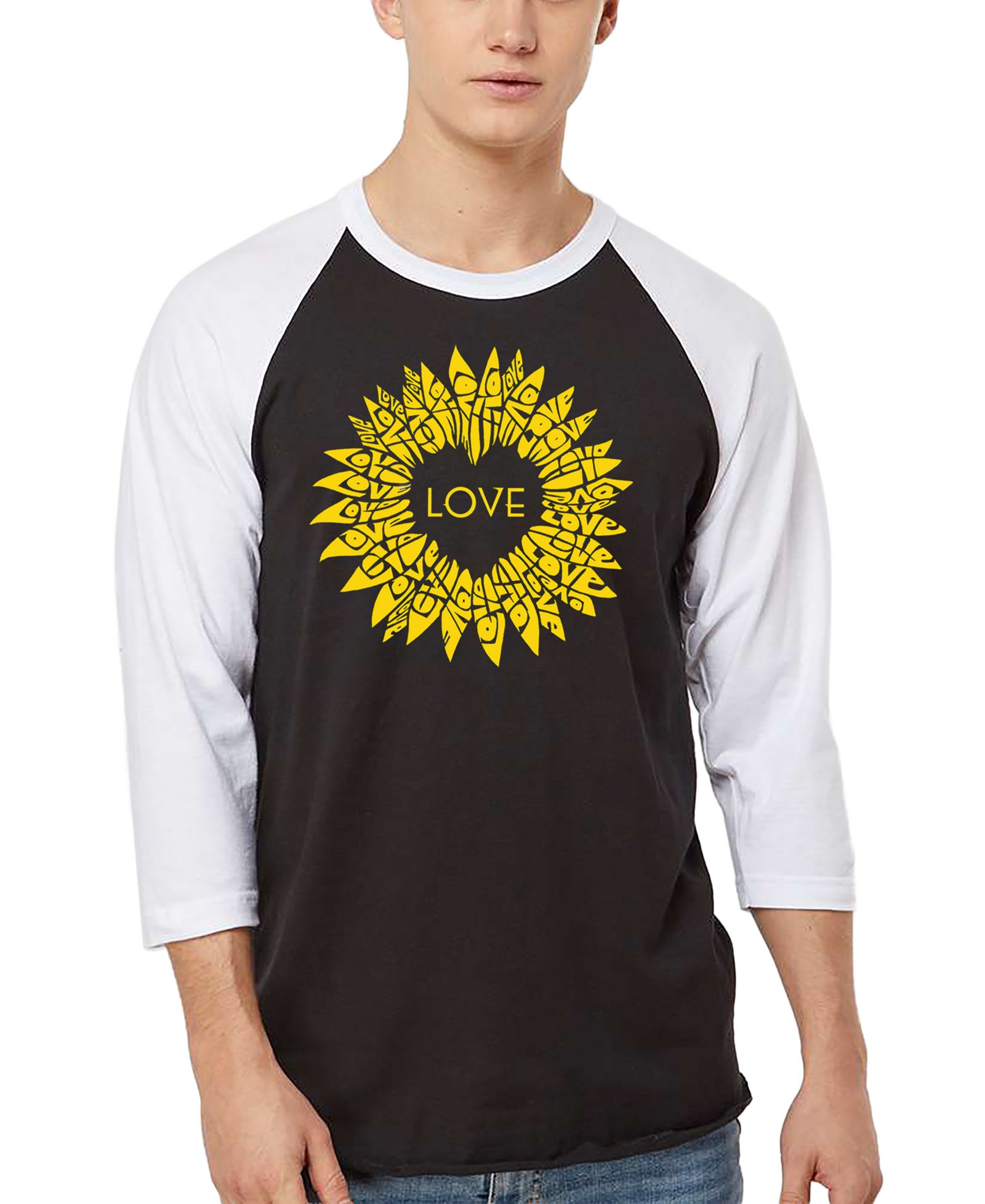 LA Pop Art Men's Love Sunflower Word Art Raglan-Sleeve T-Shirt