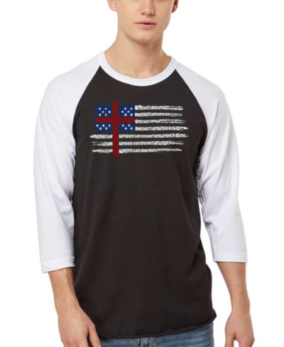LA Pop Art Men's One Nation Under God American Flag Cross Raglan Baseball Word Art T-Shirt