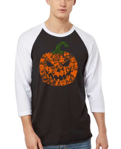 LA Pop Art Men's Halloween Pumpkin Word Art Raglan-Sleeve T-Shirt