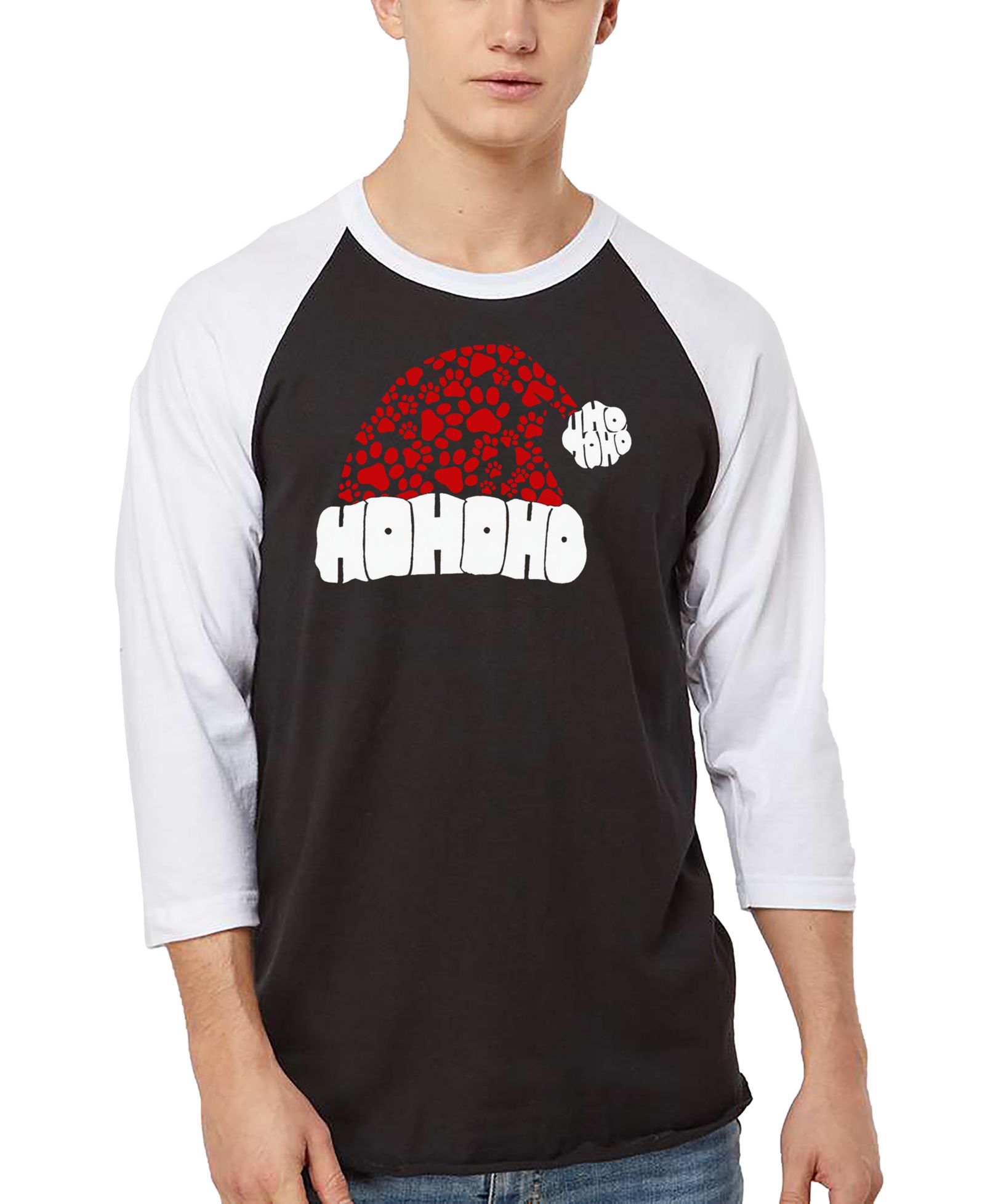 LA Pop Art Men's Santa Hat Paw Print Word Art Raglan-Sleeve T-Shirt