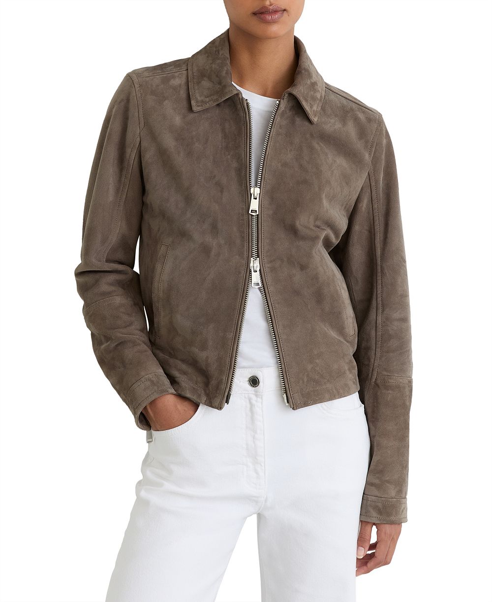 REISS Women's Suede Zip-Through Moto Jacket