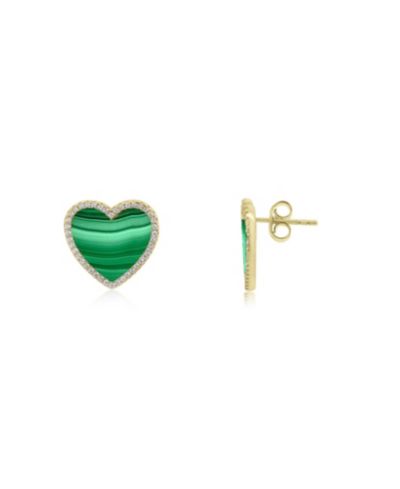 The Lovery Large Malachite CZ Halo Heart Stud Earrings 14K Gold-Plated Sterling Silver