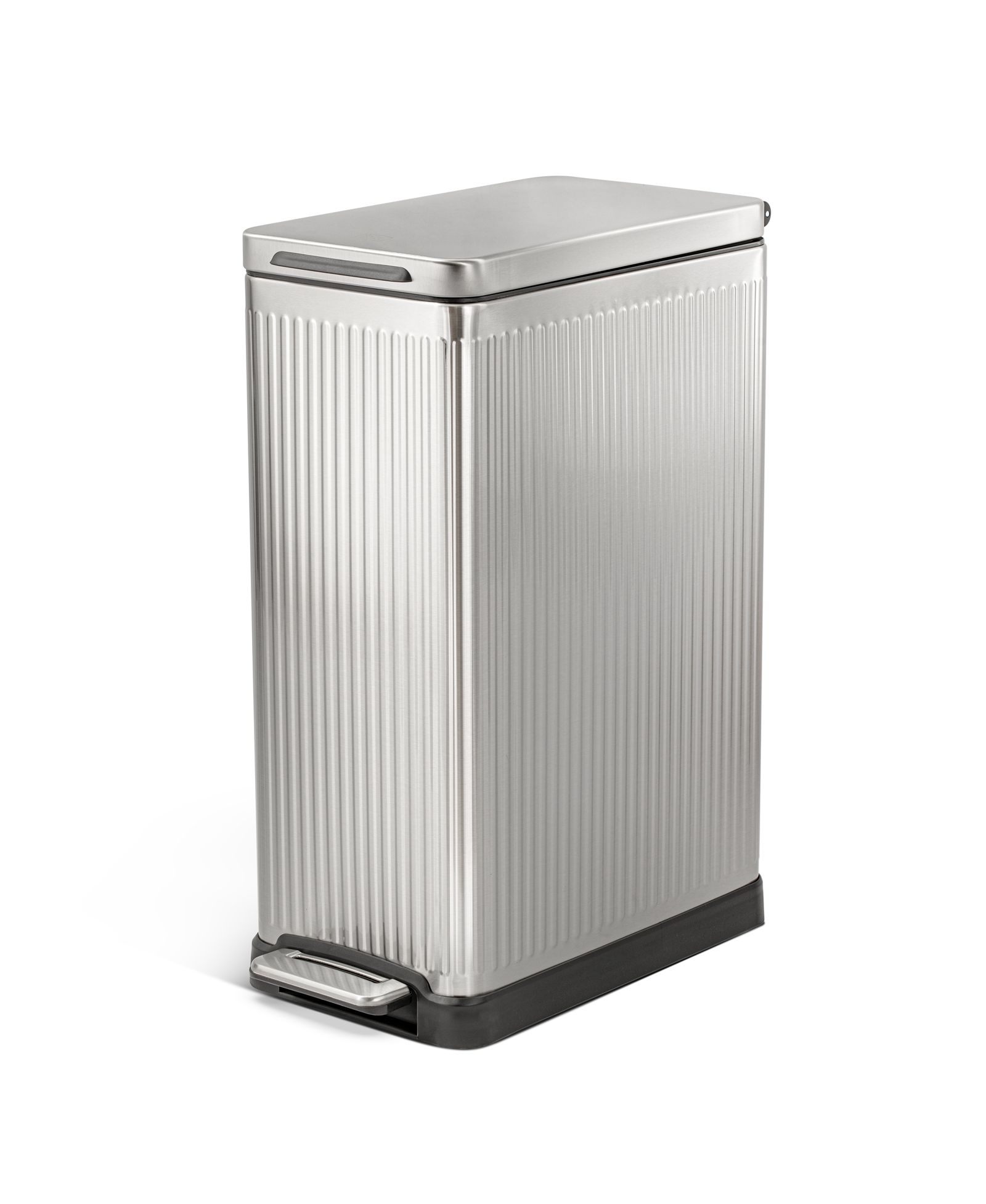 Home Zone Living 12 Gallon Slim Kitchen Trash Can with Step Pedal, Soft-Close Lid and Reeded Stainless Steel Body, Silver