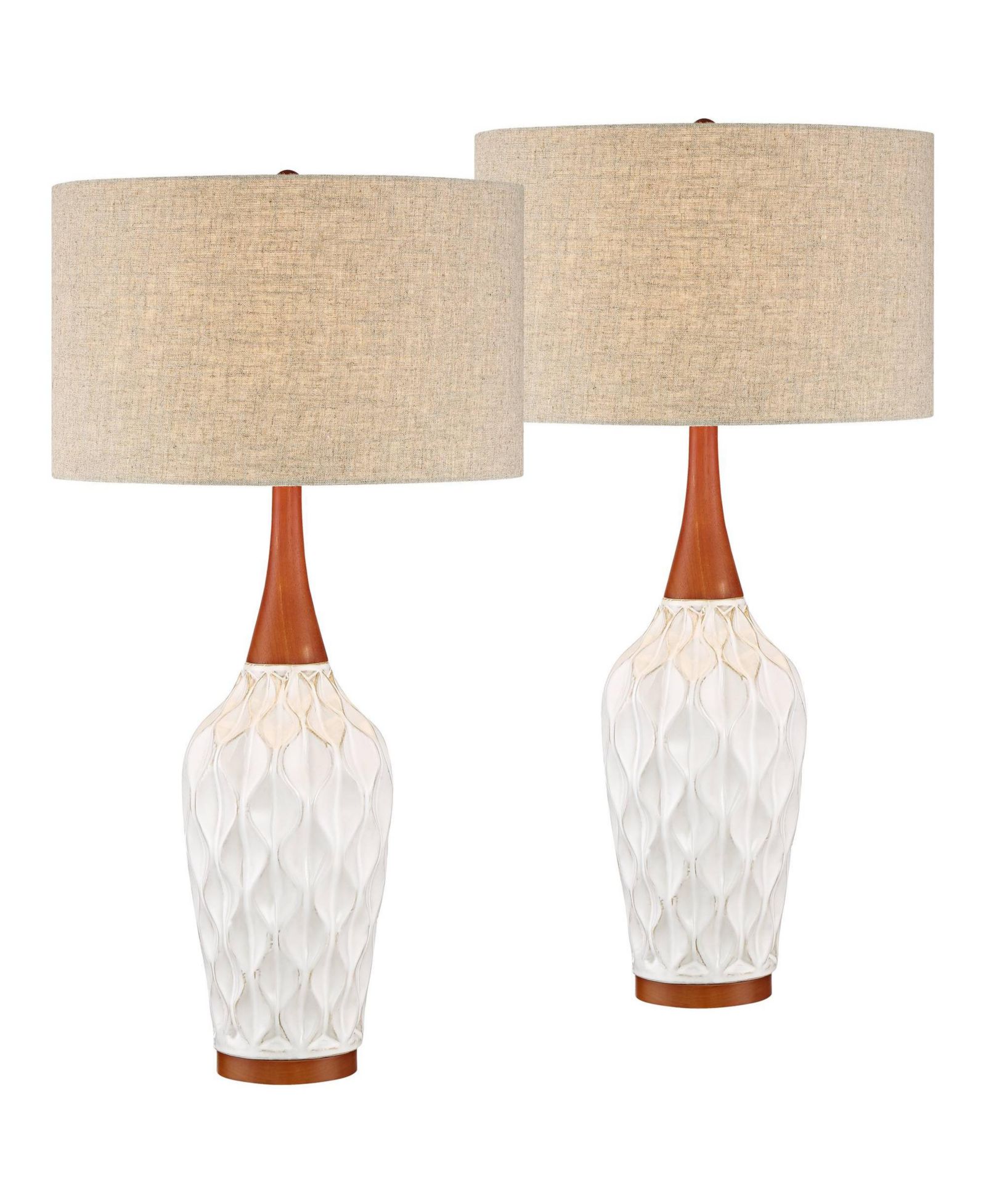 Набор из 2 настольных ламп 360 Lighting Rocco Modern Mid Century, белый керамический цвет, бежевый тканевый абажур