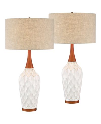 360 Lighting Rocco Modern Mid Century Table Lamps  Tall Set of 2 White Ceramic Tan Fabric Drum Shade for Bedroom Living Room Bedside Nightstand