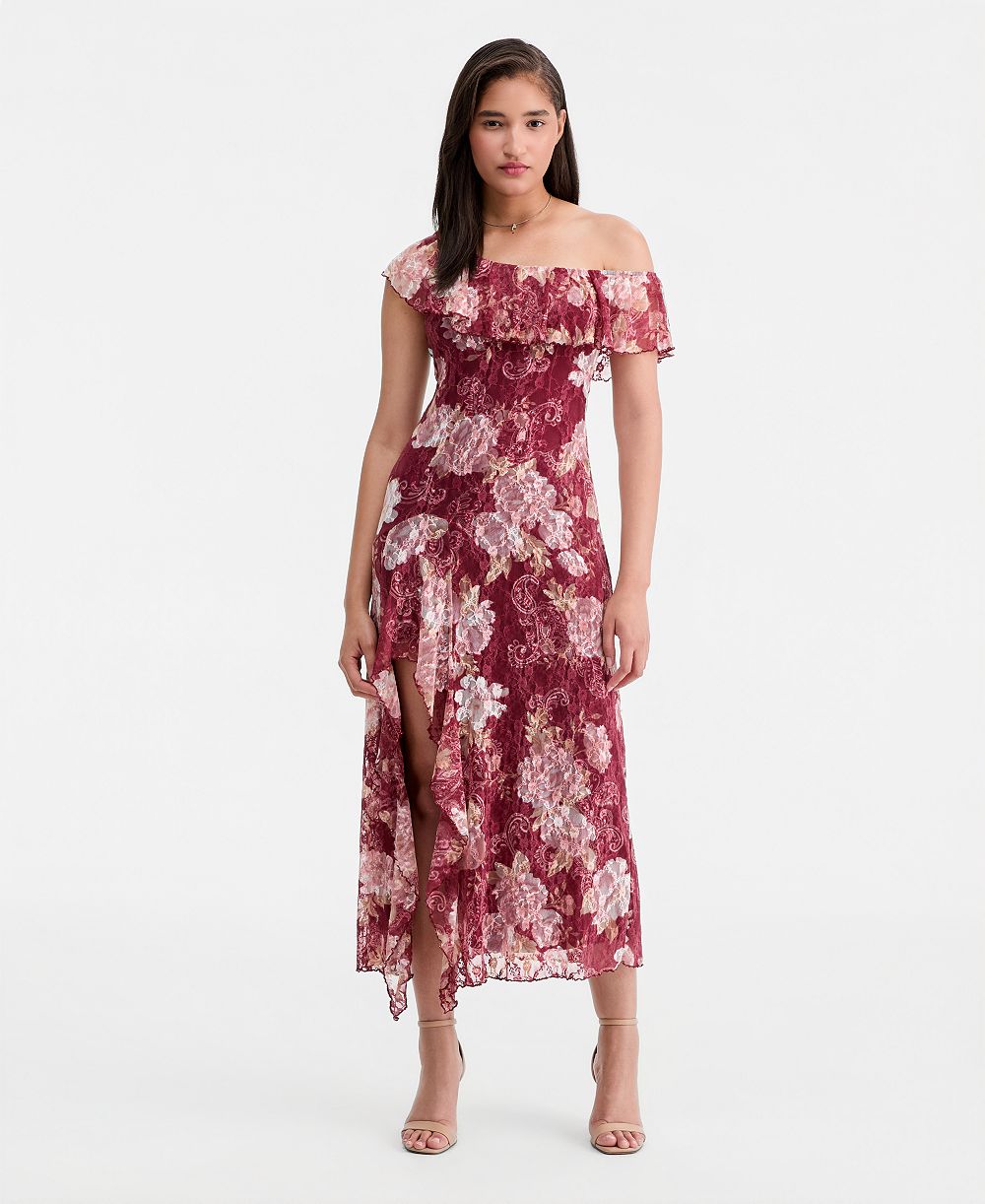 Платье миди Trixxi Juniors' Floral Printed Lace One-Shoulder Ruffle