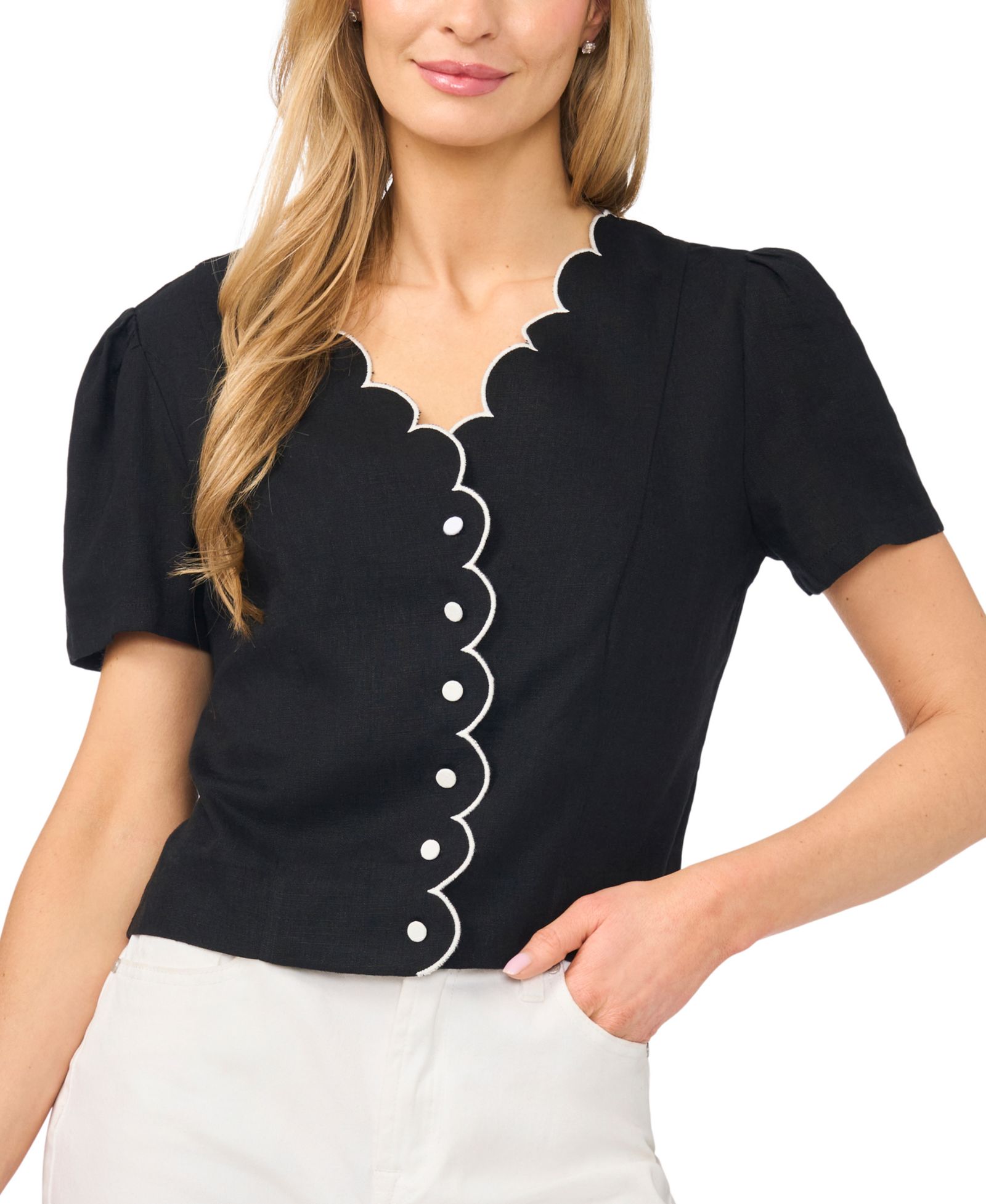 Женский топ CeCe Linen-Blend Short-Sleeve V-Neck Scallop Edge
