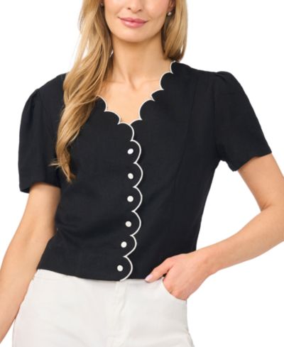 CeCe Women's Linen-Blend Short-Sleeve V-Neck Scallop Edge Top