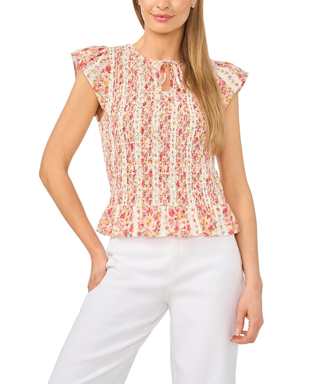 CeCe Women's Printed Tie-Neck Smocked Top