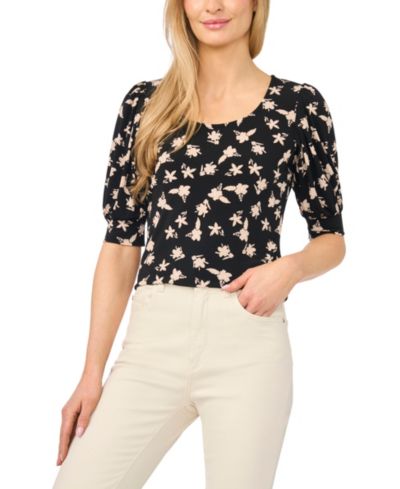 CeCe Women's Floral Crewneck 3/4-Sleeve Shirred Top