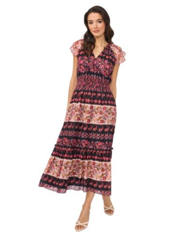 CeCe Women's Tie-Neck Smocked Waist Printed Dress