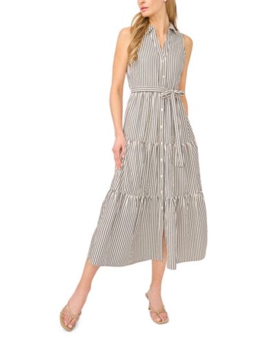 CeCe Women's Sleeveless Collared Button-Down Tiered Midi Dress