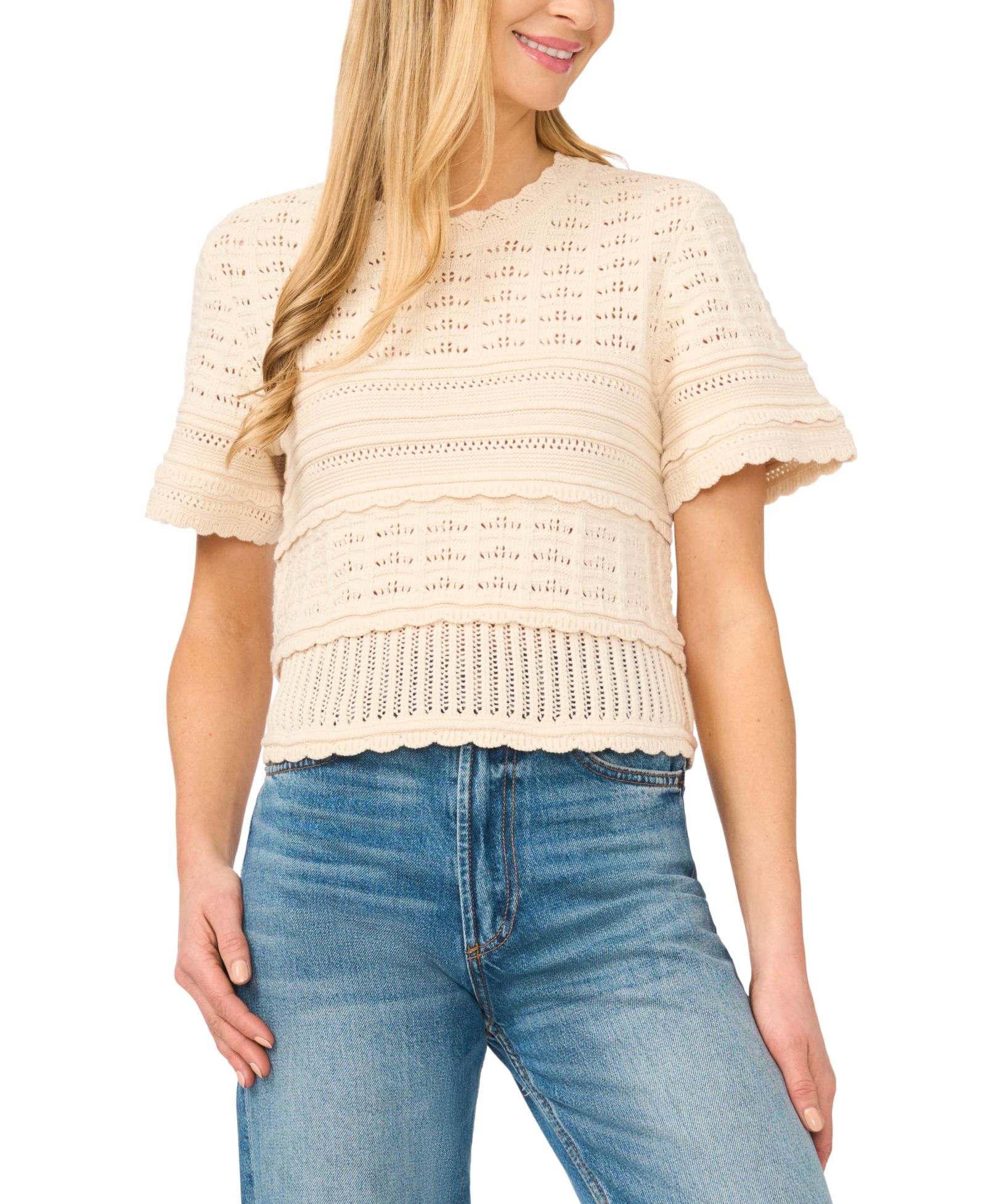 CeCe Women's Multi-Stitch Pointelle Short-Sleeve Sweater