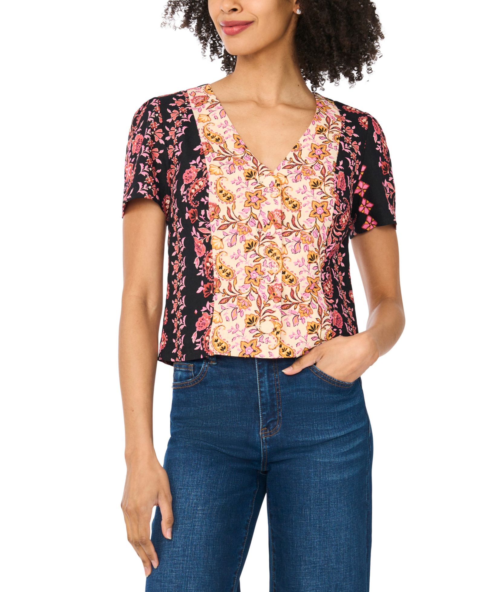 CeCe Women's V-Neck Short-Sleeve Printed Top