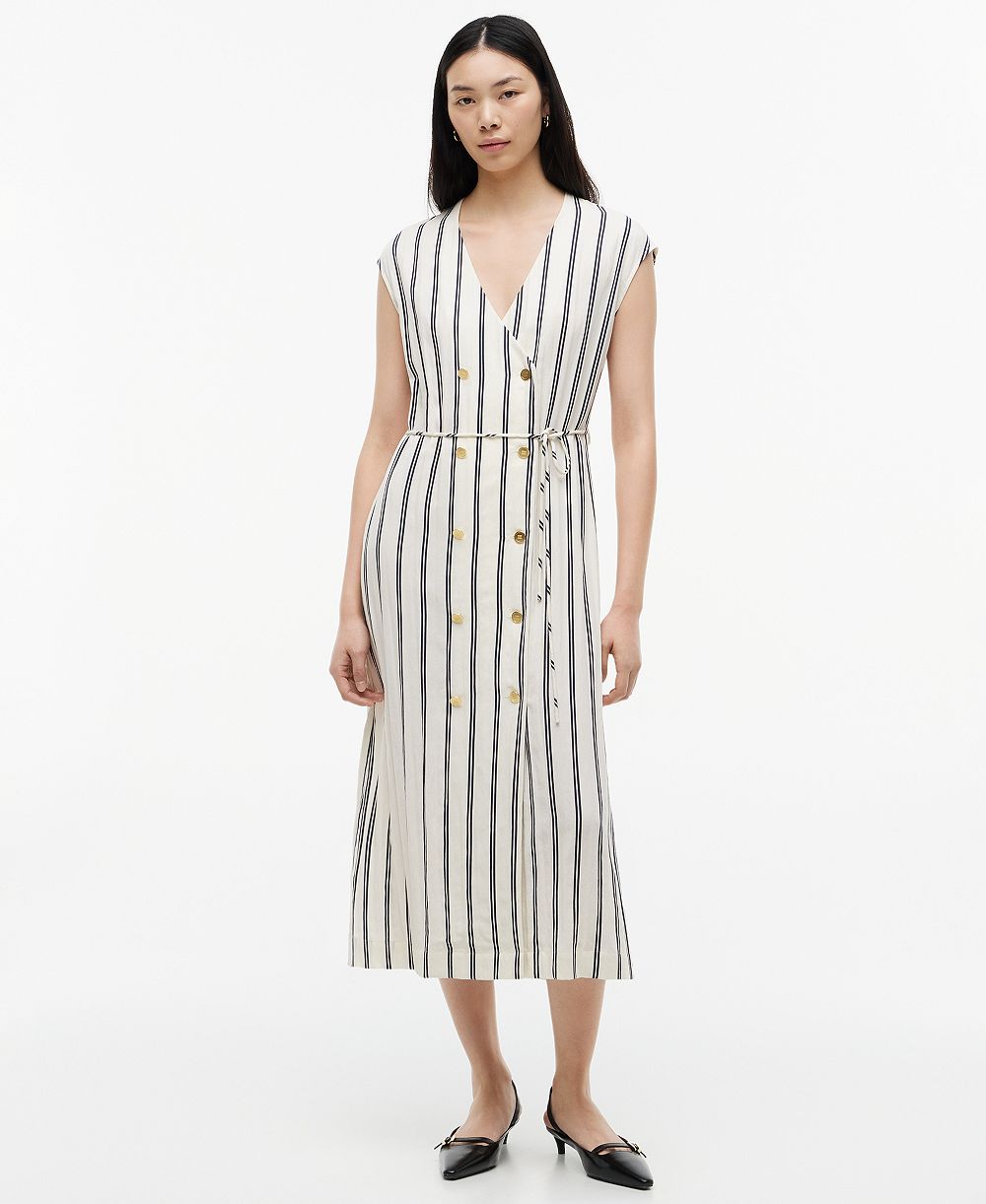 Tommy Hilfiger Women's Nautical Stripe Button-Front V-Neck Linen-Blend Midi Dress
