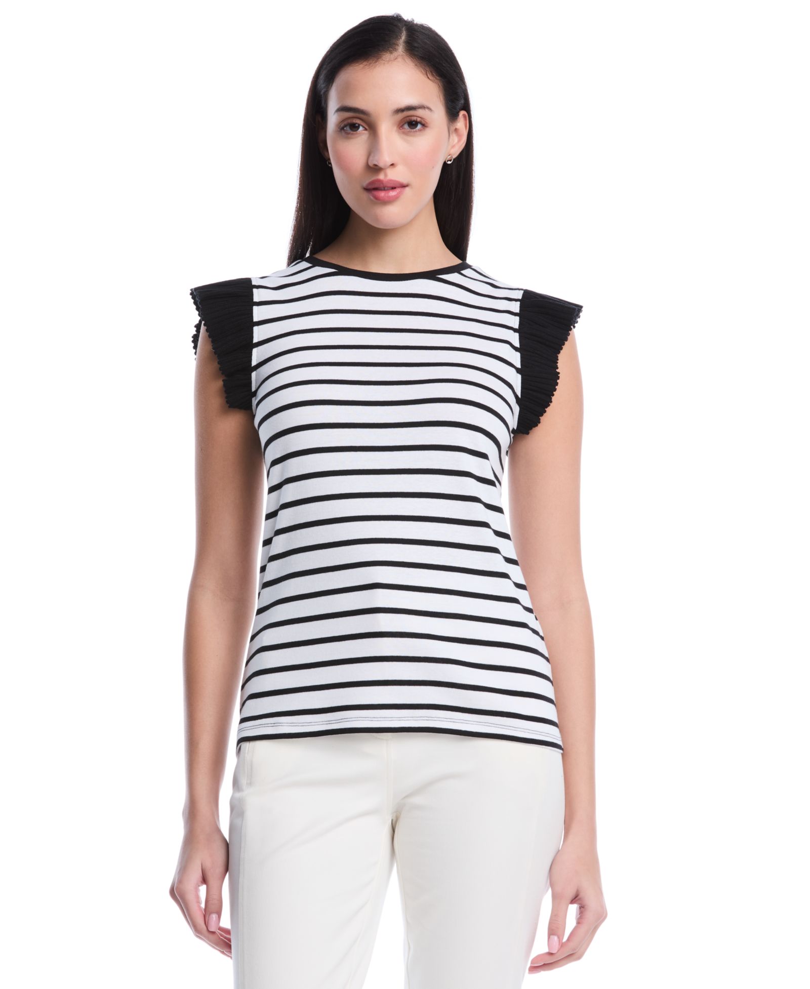 Rafaella Petite Striped Ruffle Cap-Sleeve Top