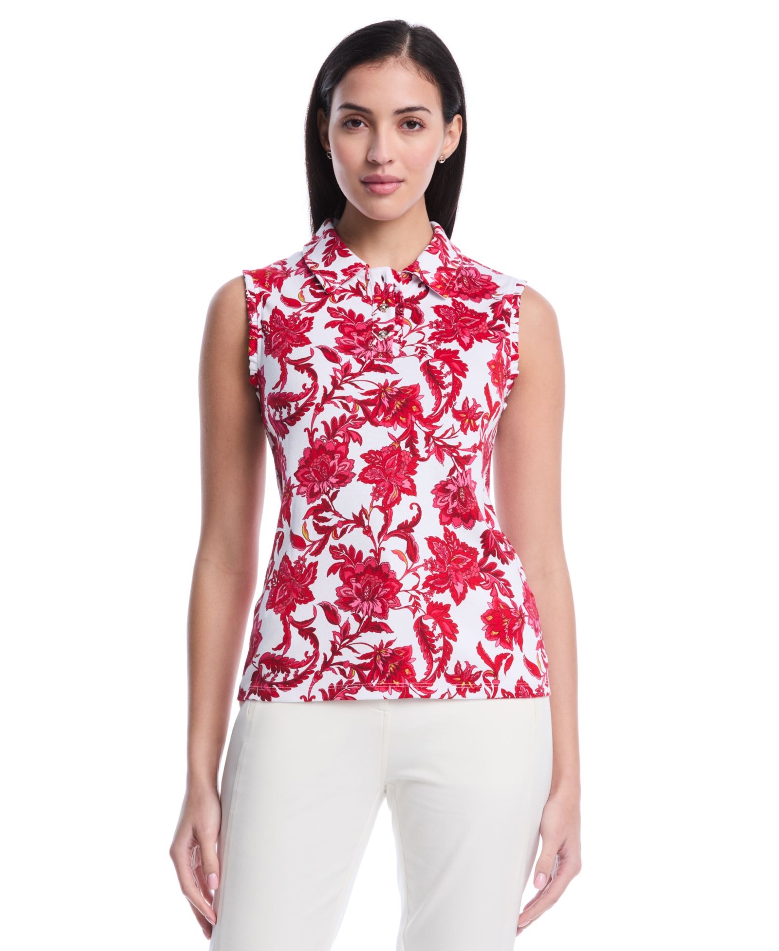 Rafaella Petite Botanical Print Ruffle Trim Sleeveless Polo Shirt