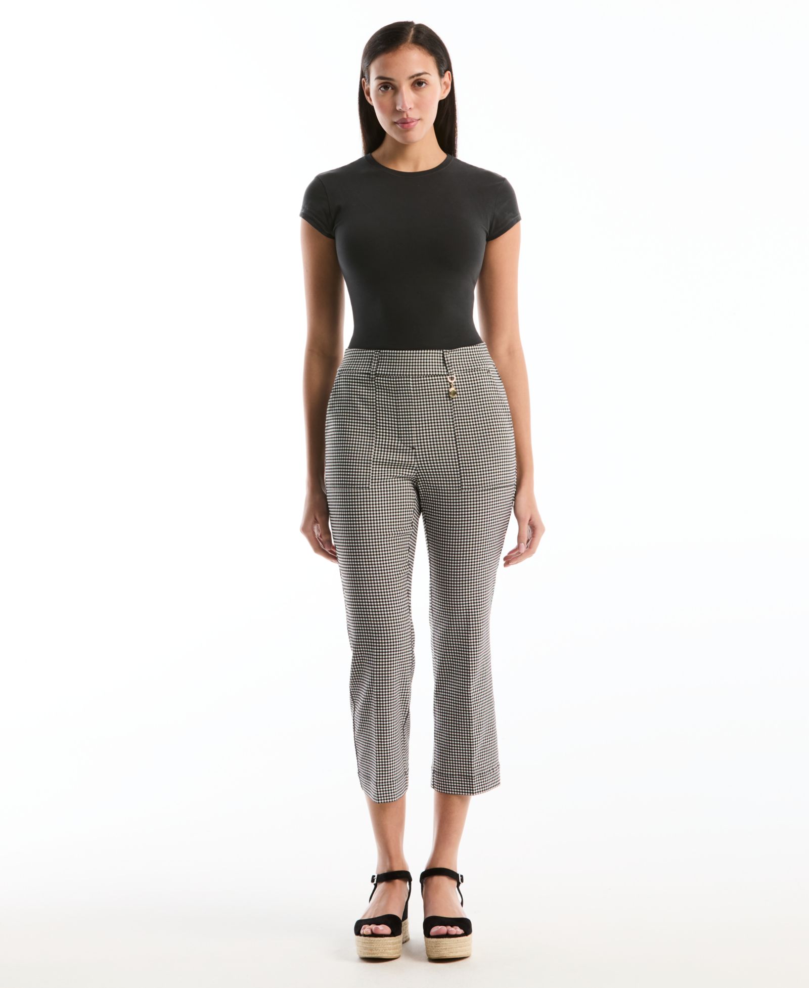Petite Gingham Print Porkchop Pocket Kick Flare Capri Pants