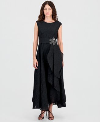 Tahari ASL Women's Boat-Neck Embellished Crinkle Taffeta Dress