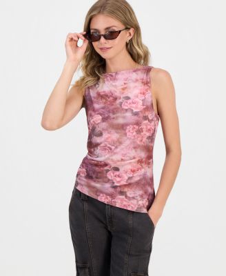 Madden Girl Juniors' Printed Mesh Asymmetrical-Hem Tank