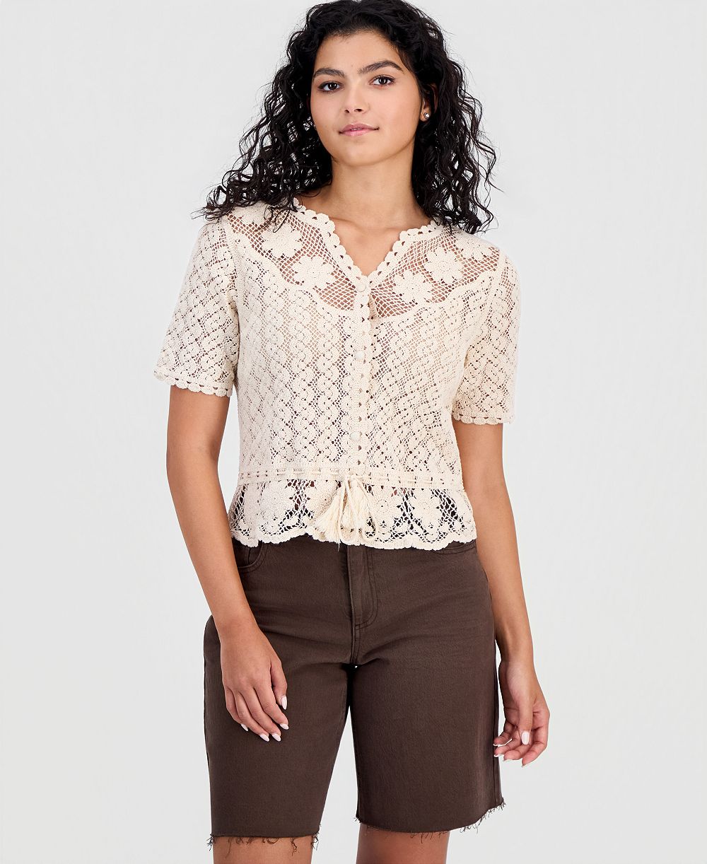 Топ And Now This Women's Cotton Crochet Button-Front Peplum