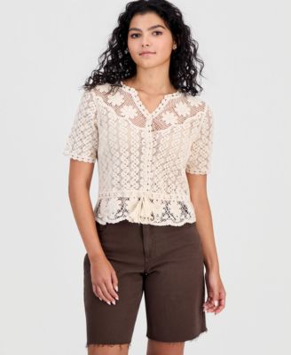 Топ And Now This Women's Cotton Crochet Button-Front Peplum