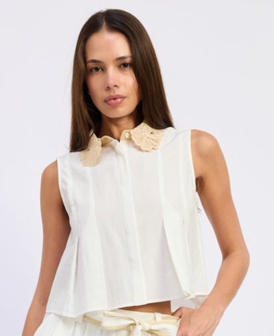 En Saison Women's Anna Collared Sleeveless Pleated Top
