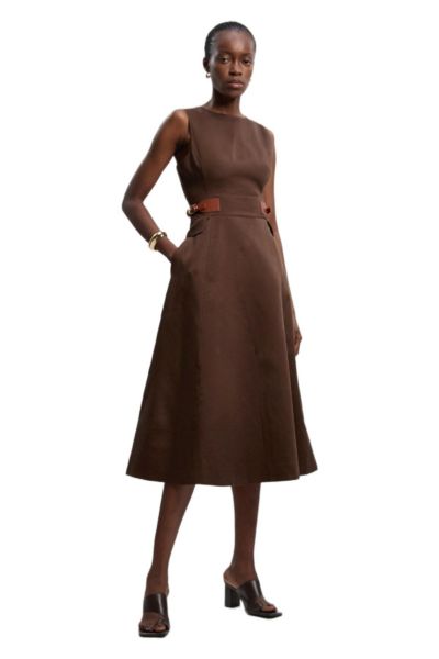 Karen Millen Women's Fitted Belt Crew Neck Midi Dress