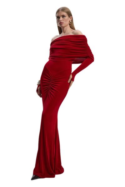 Karen Millen Women's Ruched Off Shoulder Fishtail Maxi Dress