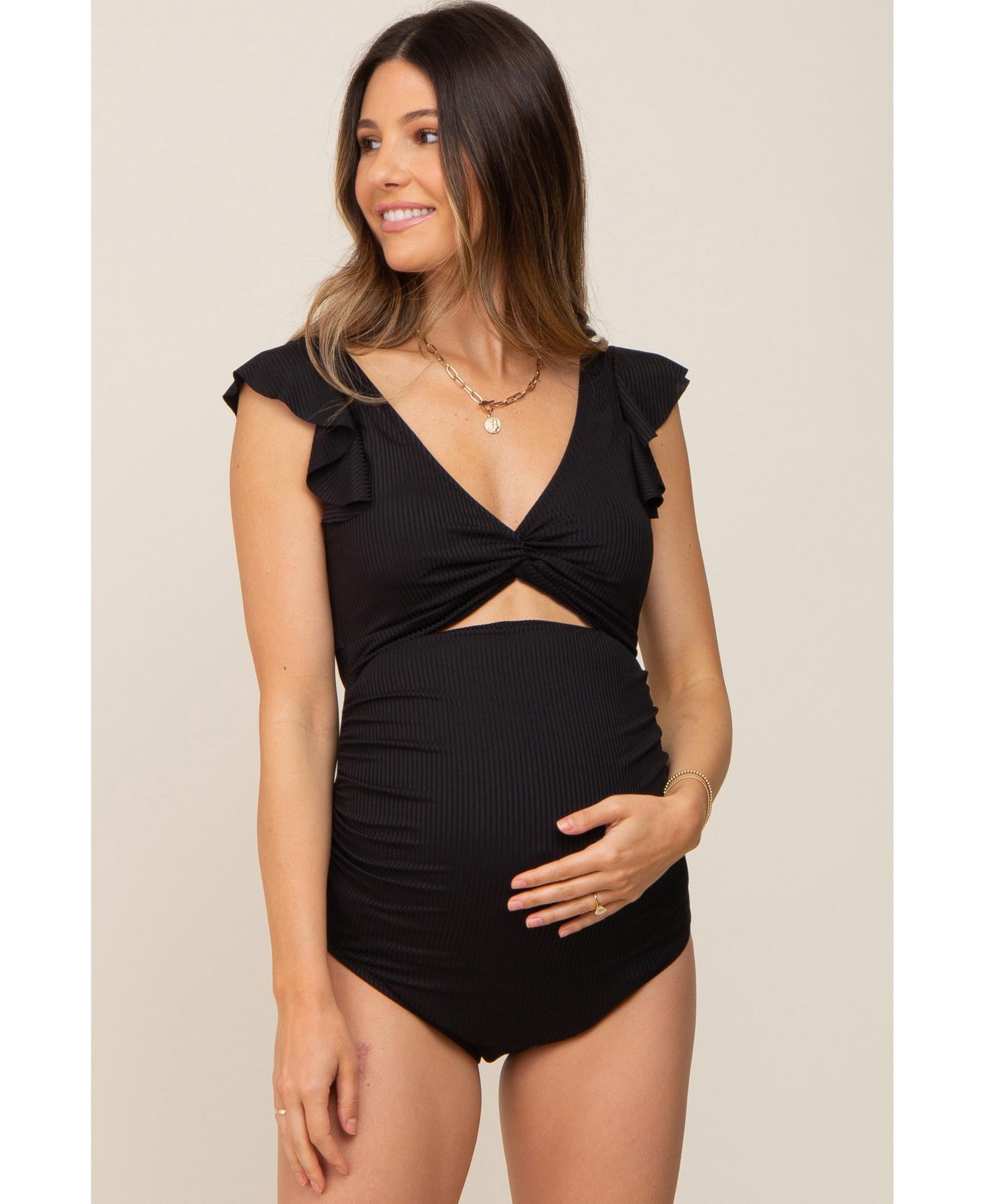 Pinkblush Women's Black Ribbed Cutout Flutter One Piece Swimsuit