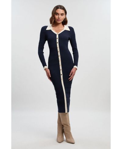 Karen Millen Women's Rib Contrast Button Knit Midi Dress