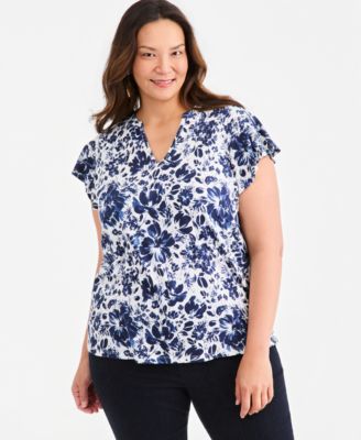 Style & Co Plus Size Printed V-Neck Flutter-Sleeve Top, Macy's Exclusive