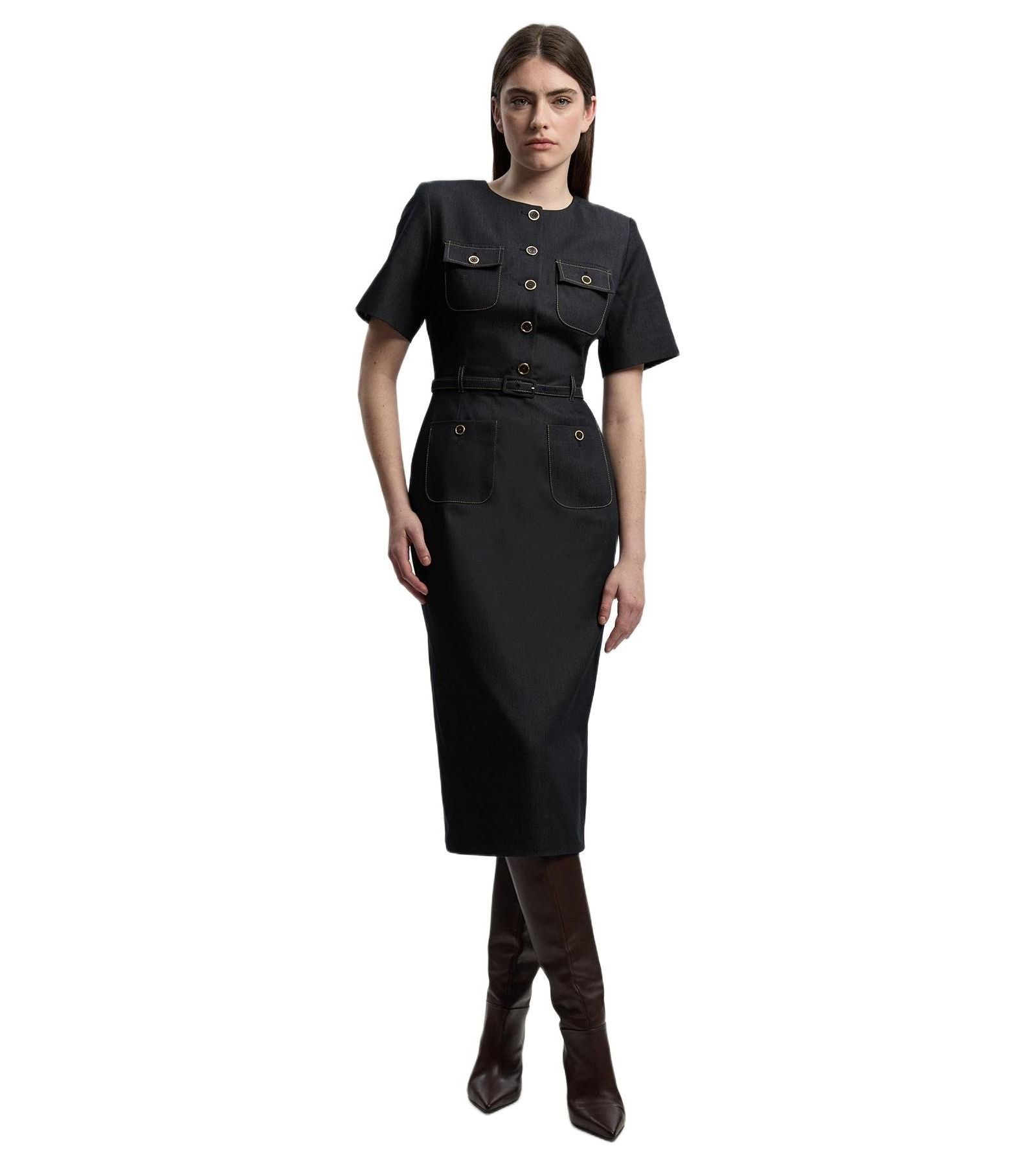 Karen Millen Женское джинсовое платье миди с поясом, приталенное