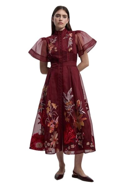 Karen Millen Women's Embroidered Short Sleeve Midi Dress