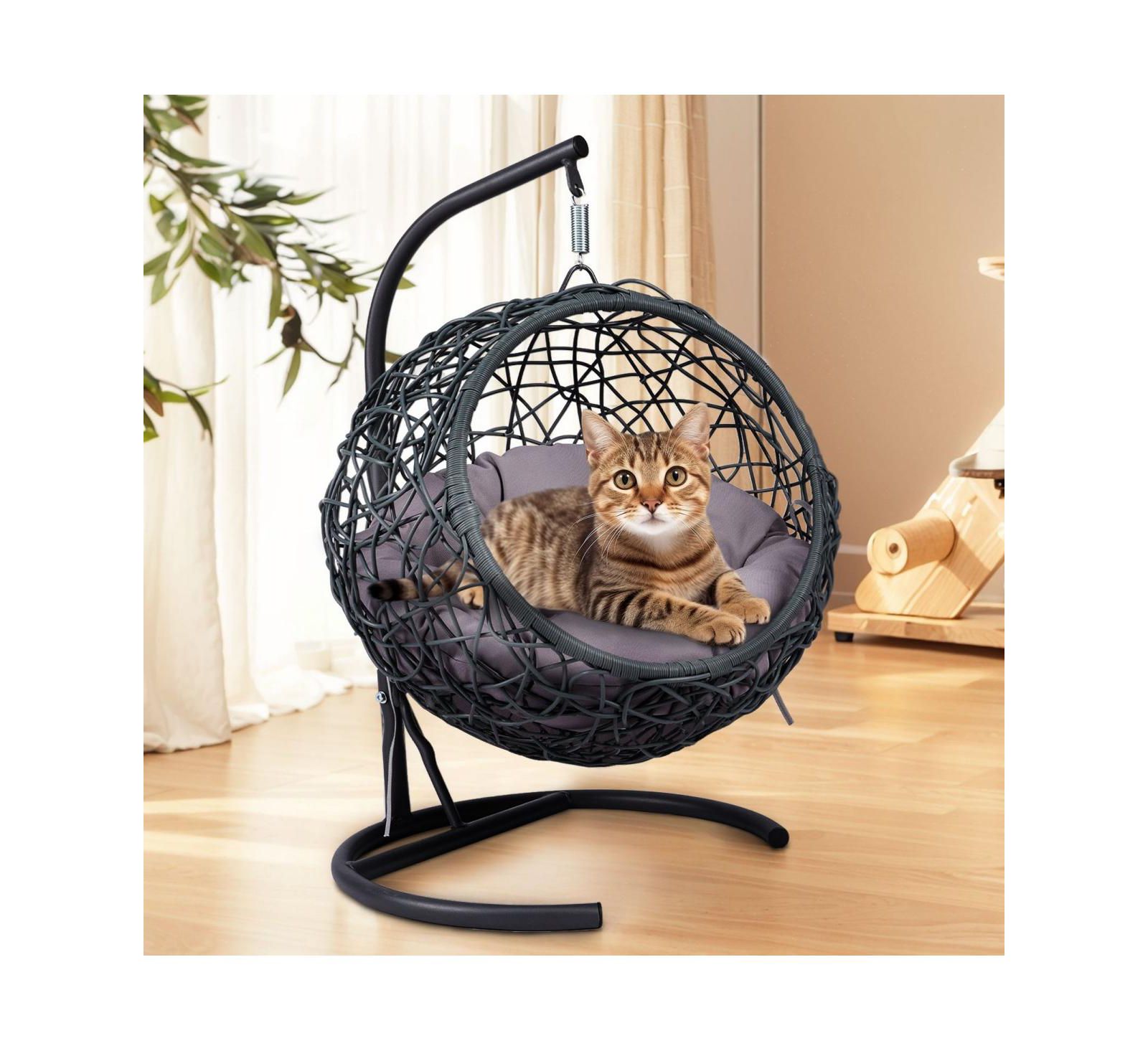 6thdruple Indoor Cat House Swing Bed, Gray Rattan Egg Chair with Cushion, for Cats and Small Pets
