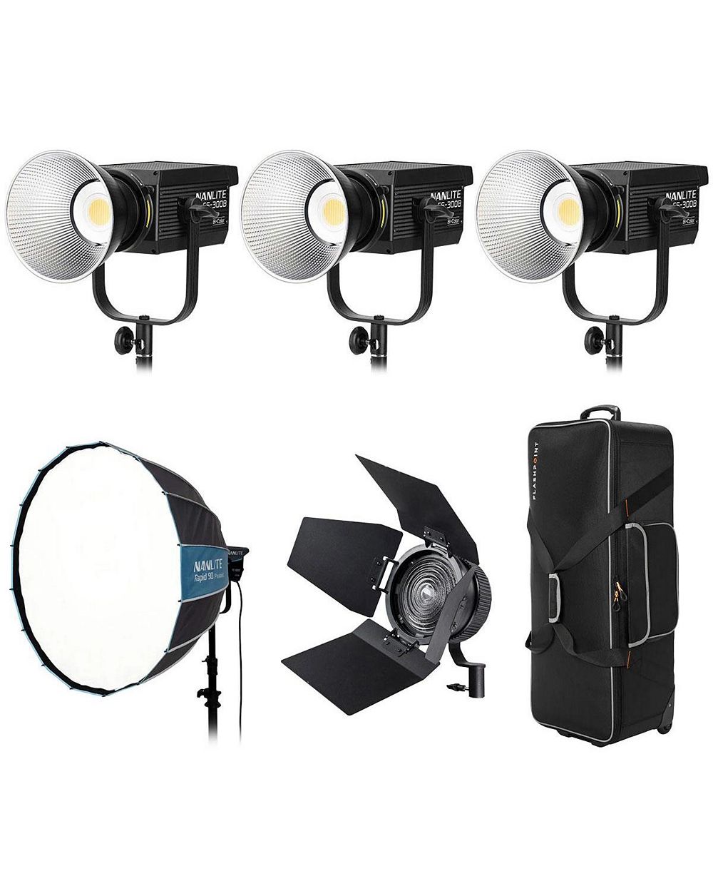 Nanlite FS-300B Bi-Color LED Video Spotlight with Rapid 90 Softbox Kit with FL-11 Fresnel Lens (Forza 60) and GLSBPS36 Wheeled Hard Case