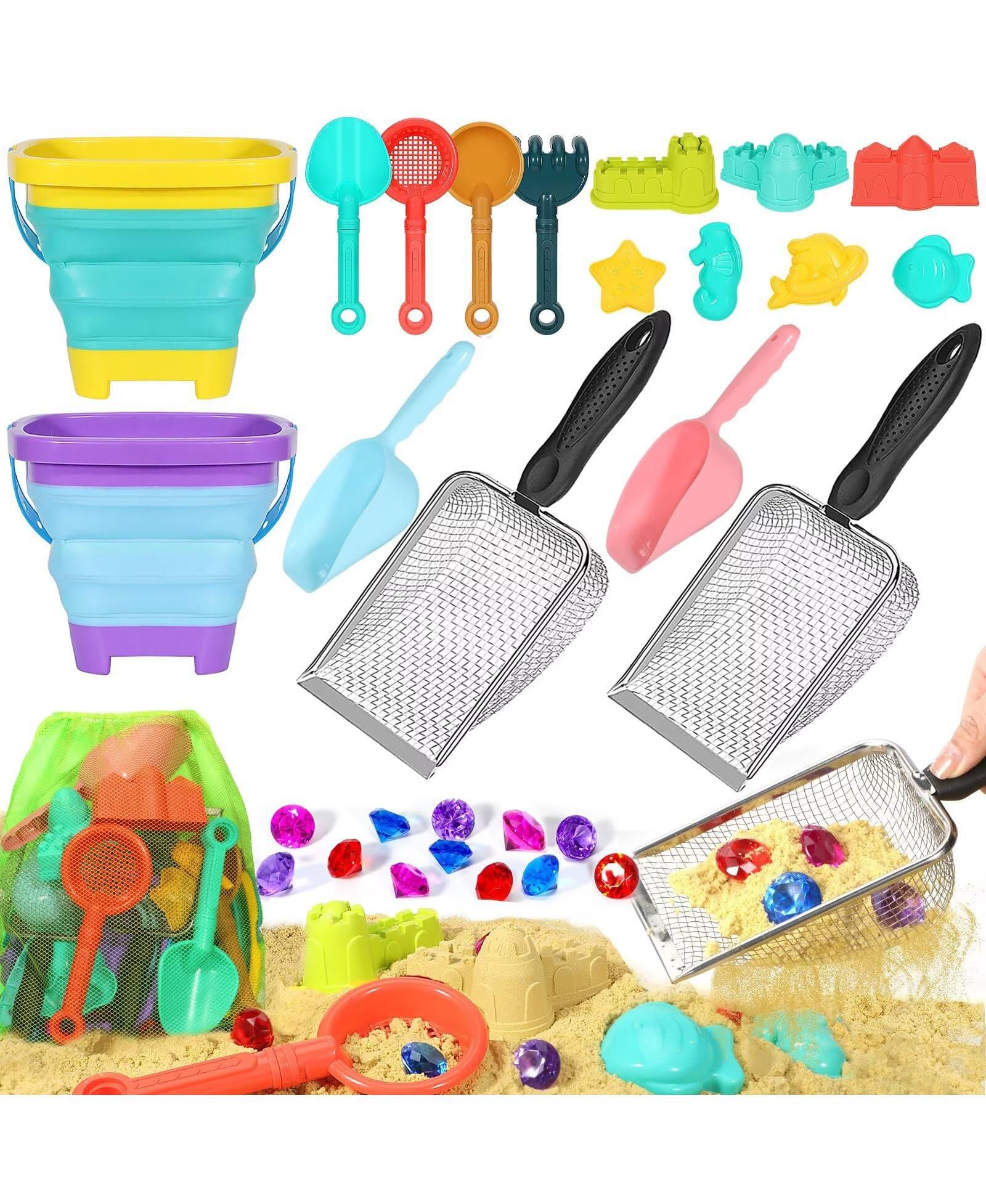 GNUADZ 19PCS Beach Sand Toys Collapsible Bucket Sifter Shovel Castle Molds Mesh Bag