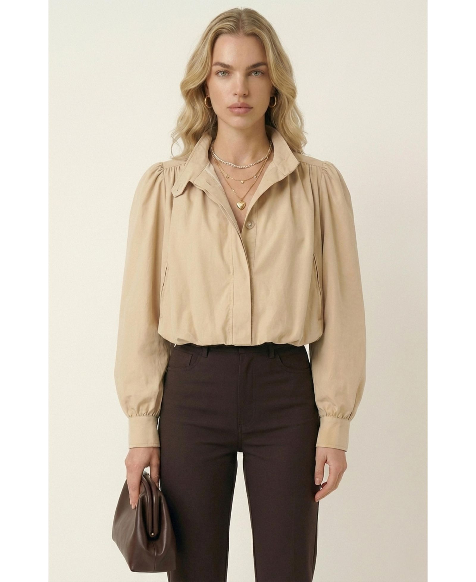 Modenaire Women's Cropped Point Collar Puff Sleeve Jacket