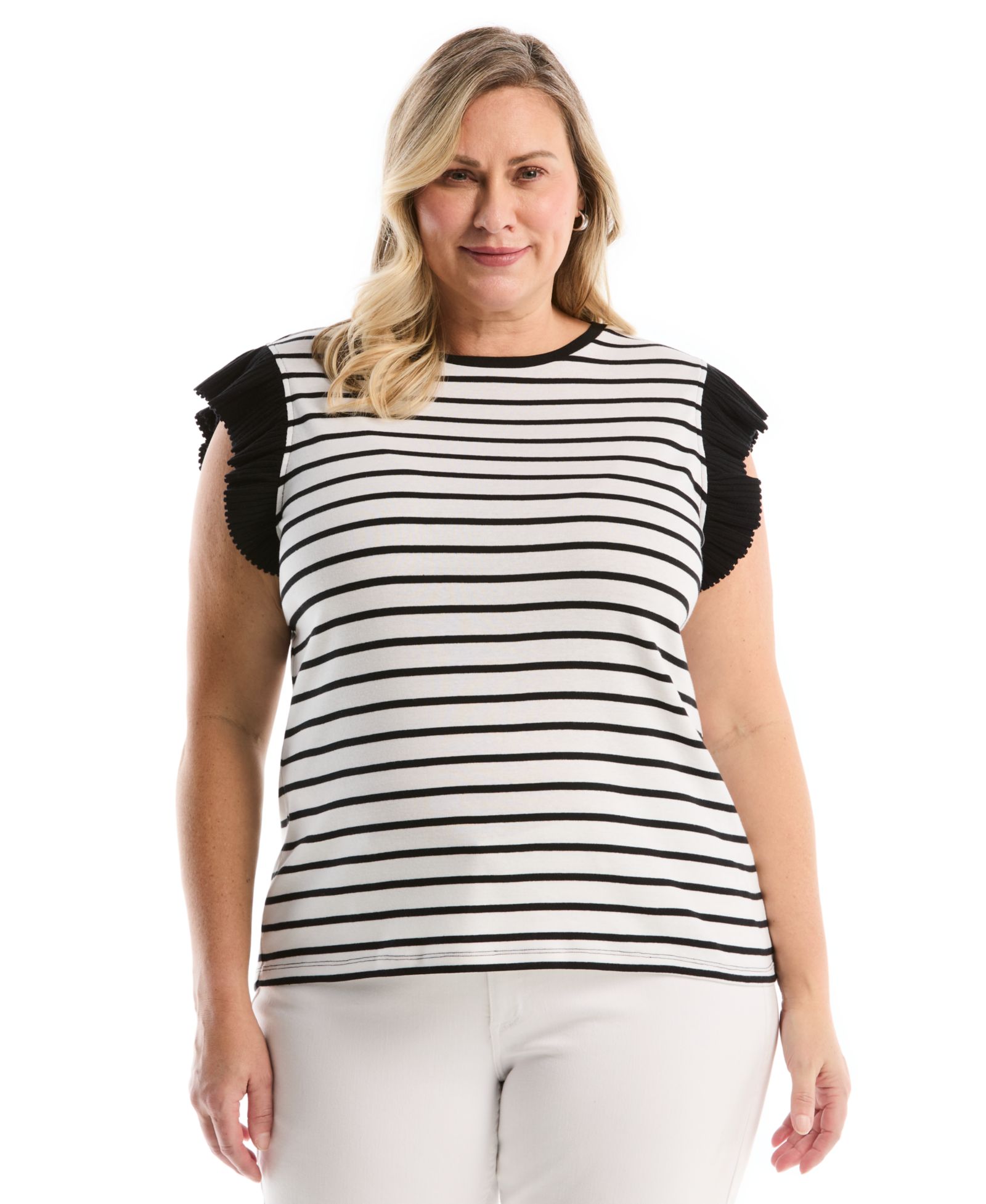 Rafaella Plus Size Striped Ruffle Cap-Sleeve Top